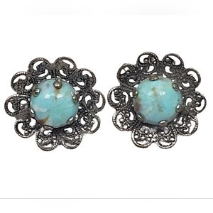 Vintage Czech Style Filigree Screw Back Earrings | Mottled Turquoise Art Glass